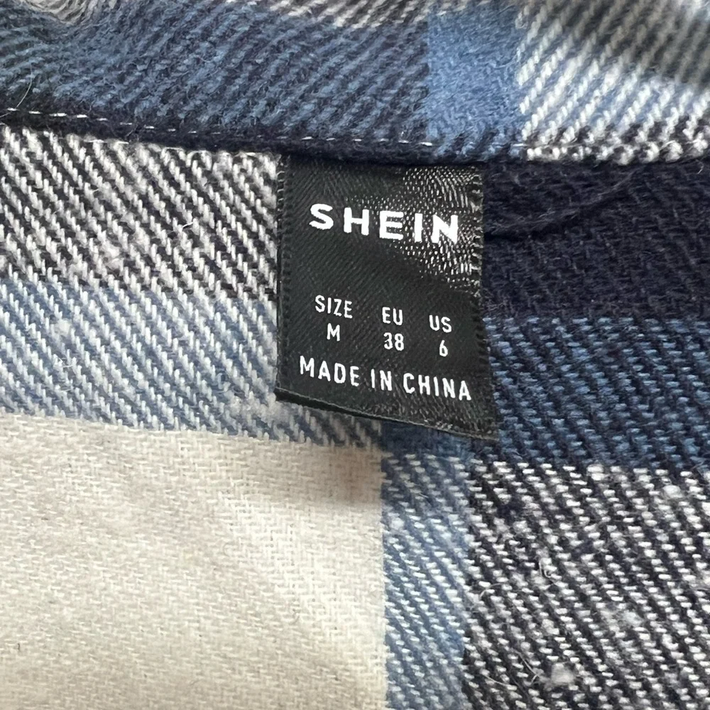 Flannel Plaid Shacket Buttondown Dress Long Coat Navy White Tartan Medium - Picture 7 of 7